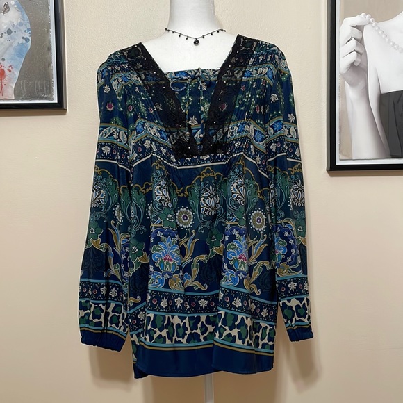 Art And Soul Tops - Art And Soul Navy Teal Green Paisley Lace-Trim Peasant Blouse